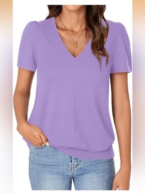 V Neck T Shirt Banded Bottom Summer Tops Business Dressy Casual S 1579/bb10-1